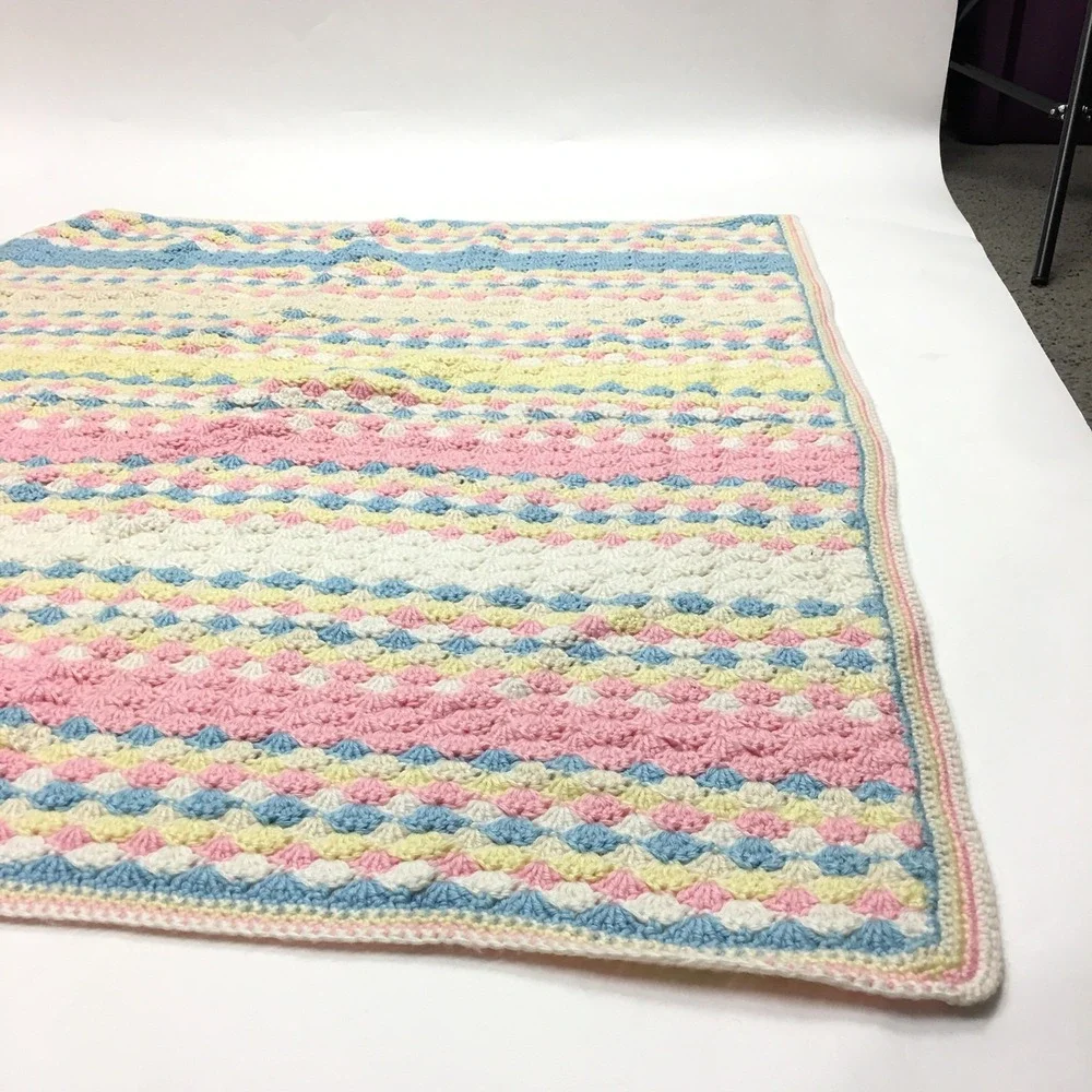 Pastel White Yellow Blue Pink Baby Blanket Lap Afghan Crocheted 35‎ x 44 inches